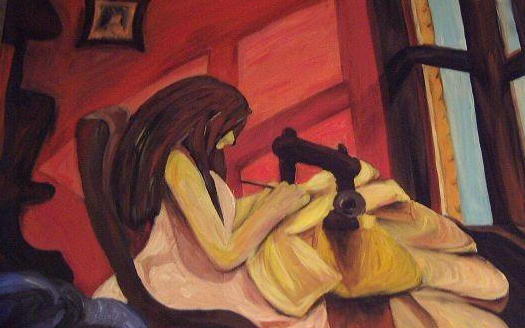 Malerei mit dem Titel "Die Näherin am Fens…" von Peggy Hamfler, Original-Kunstwerk, Öl