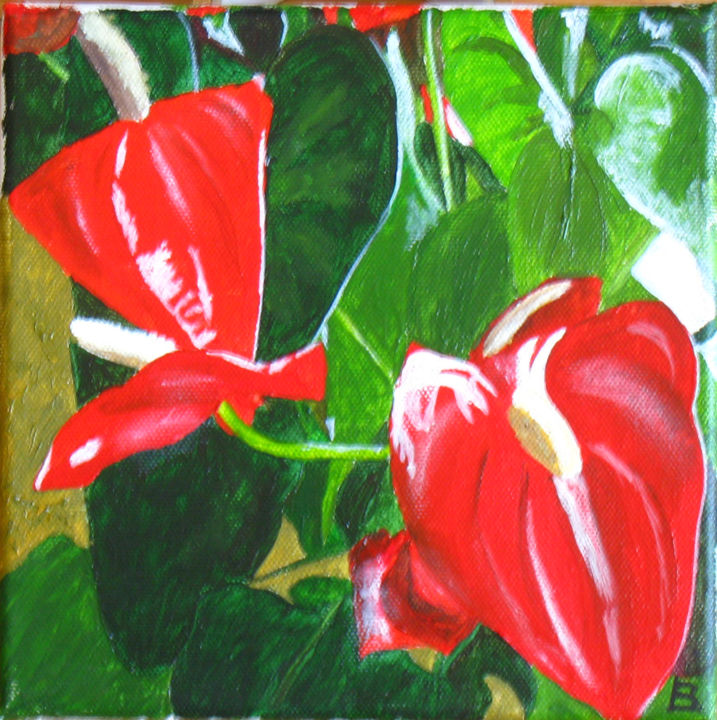 Peinture intitulée "288-anthuriums.jpg" par Bernard Ledoyen, Œuvre d'art originale, Huile