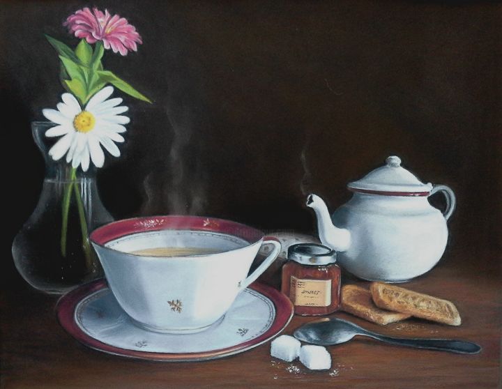 Peinture intitulée "L'heure du thé" par Cathy Cheneau, Œuvre d'art originale, Pastel
