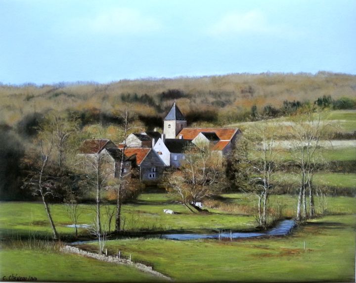 Peinture intitulée "Village nivernais" par Cathy Cheneau, Œuvre d'art originale, Pastel