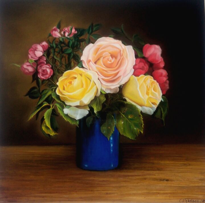 Peinture intitulée "Bouquet de roses" par Cathy Cheneau, Œuvre d'art originale, Pastel