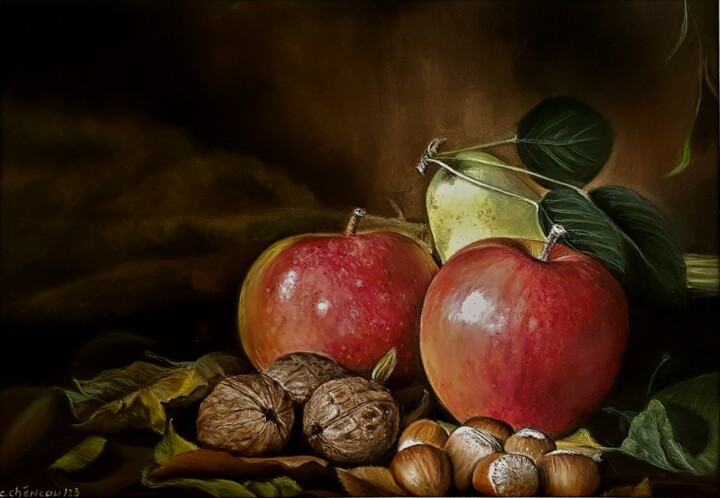 Peinture intitulée "Fruits d'automne" par Cathy Cheneau, Œuvre d'art originale, Pastel