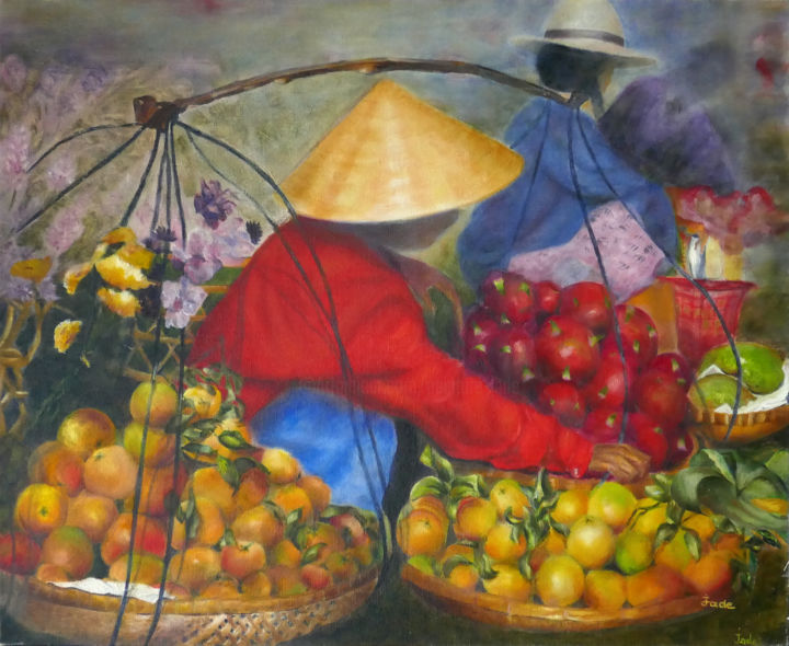 Картина под названием "Marché coloré" - Jade, Подлинное произведение искусства, Масло