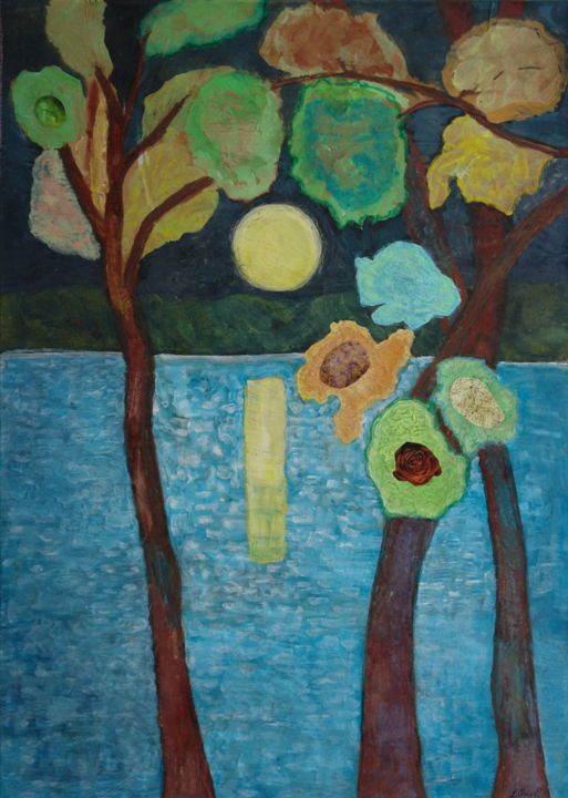 Painting titled "Pleine lune sur le…" by Peinture Ojochal, Original Artwork, Pigments Mounted on Wood Panel