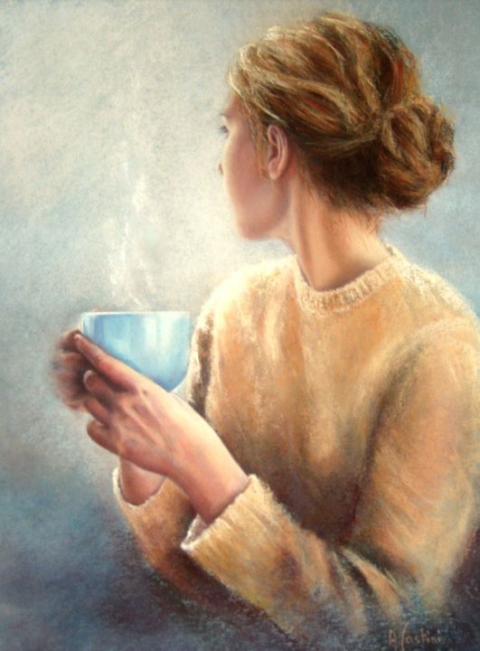 Drawing titled "Tasse Bleue de Anni…" by Galerie Peinture  Arts De Lyon, Original Artwork, Pastel Mounted on Glass