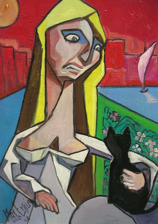 Schilderij getiteld "femme-blonde-et-cha…" door Maxemile, Origineel Kunstwerk, Olie