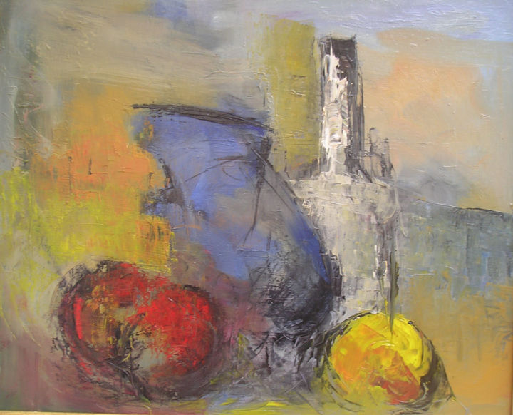 Painting titled "fruit-rouge-et-vase…" by Maxemile, Original Artwork, Oil