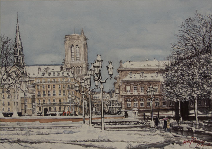 Malerei mit dem Titel "Paris, Hotel de Vil…" von Luca Pellizzari, Original-Kunstwerk, Aquarell