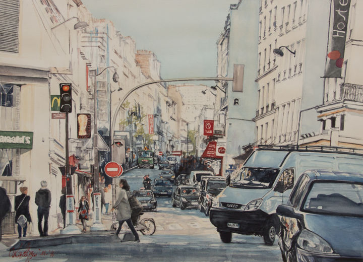 Pintura intitulada "parigi-rue-faubourg…" por Luca Pellizzari, Obras de arte originais, Aquarela
