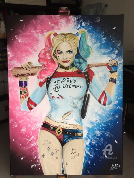 Malerei mit dem Titel "Harley Quinn" von Mickael Pelletier (Mickael's portaits), Original-Kunstwerk, Acryl