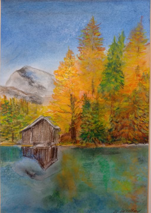 Painting titled "Automne canadien" by Marianne Décotterd, Original Artwork, Pastel Mounted on Glass