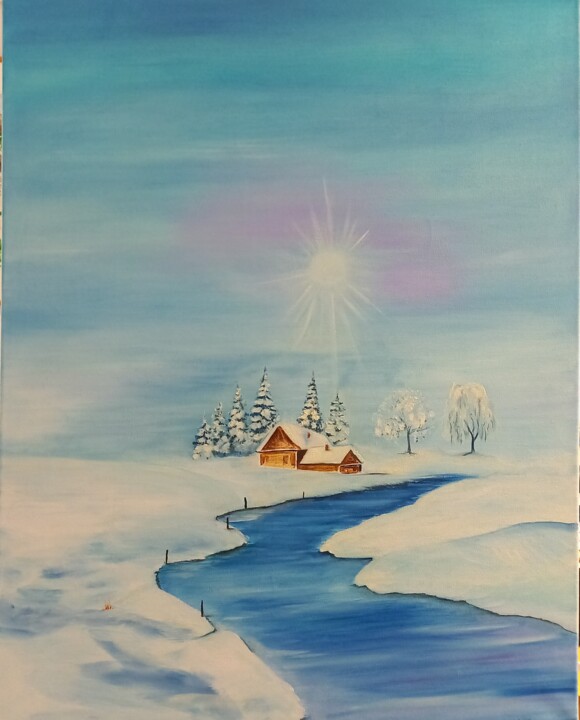 Painting titled "Au coeur de l'hiver" by Marianne Décotterd, Original Artwork, Oil Mounted on Wood Stretcher frame