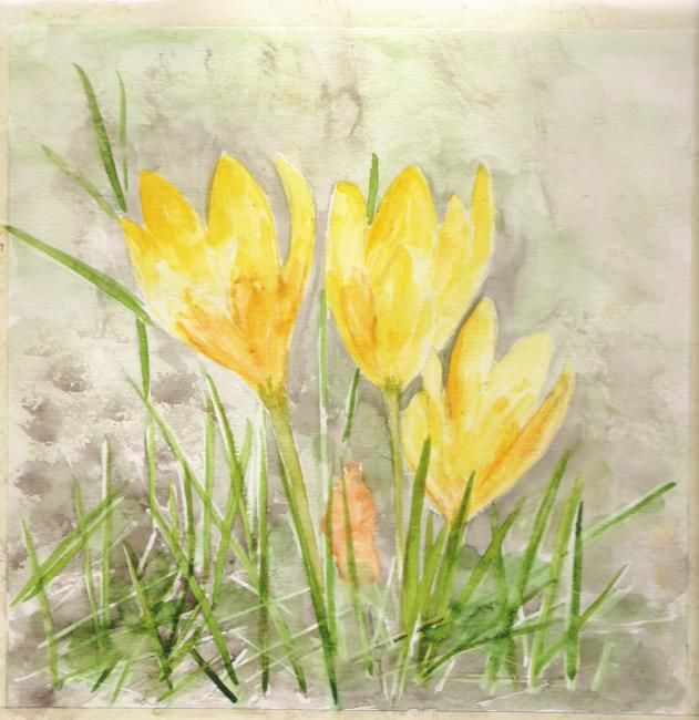 Painting titled "crocus" by Marianne Décotterd, Original Artwork, Watercolor Mounted on Glass