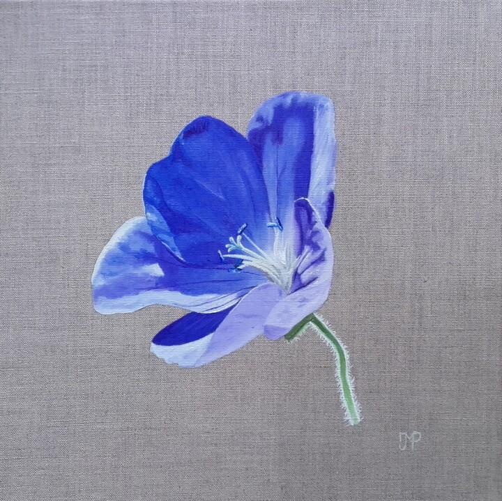 「Fleur bleue」というタイトルの絵画 Penによって, オリジナルのアートワーク, オイル ウッドストレッチャーフレームにマウント