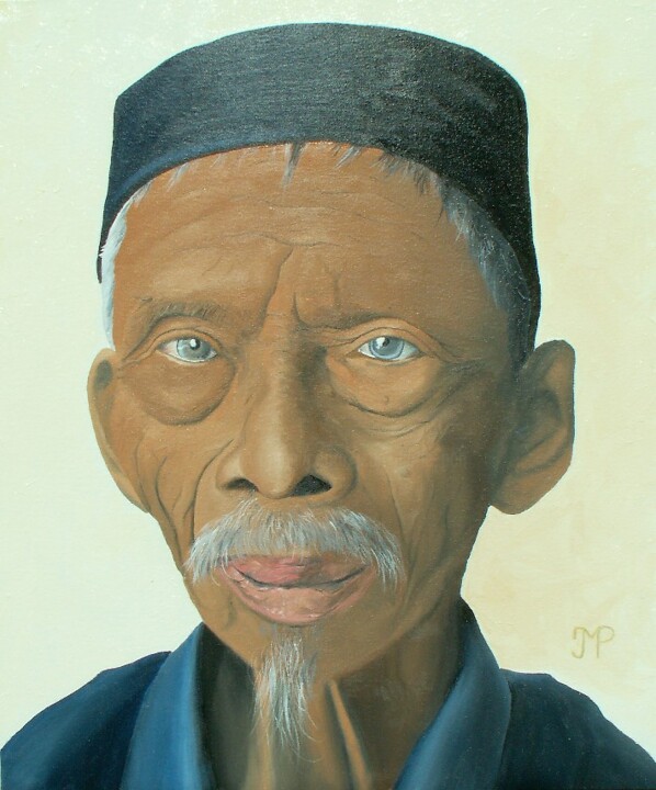 Painting titled "Vieux du Myanmar" by Pen, Original Artwork, Oil Mounted on Wood Stretcher frame