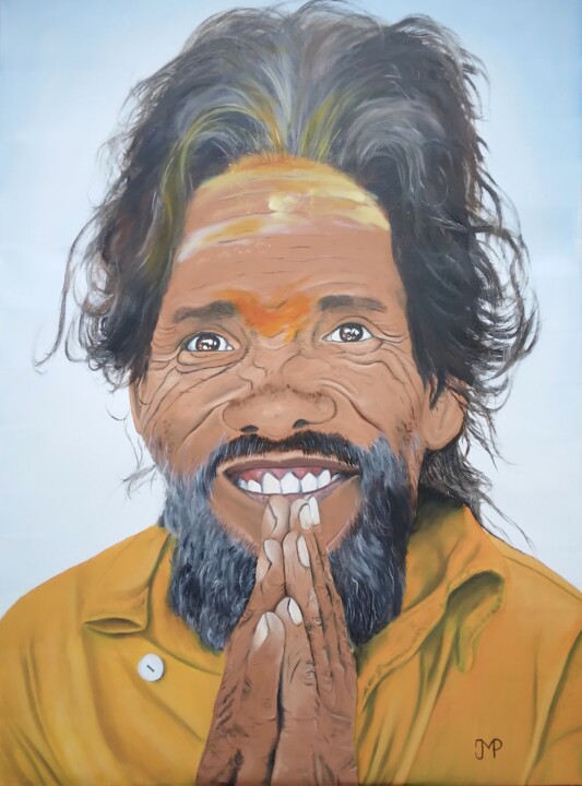 Painting titled "Saddhu" by Pen, Original Artwork, Oil Mounted on Wood Stretcher frame