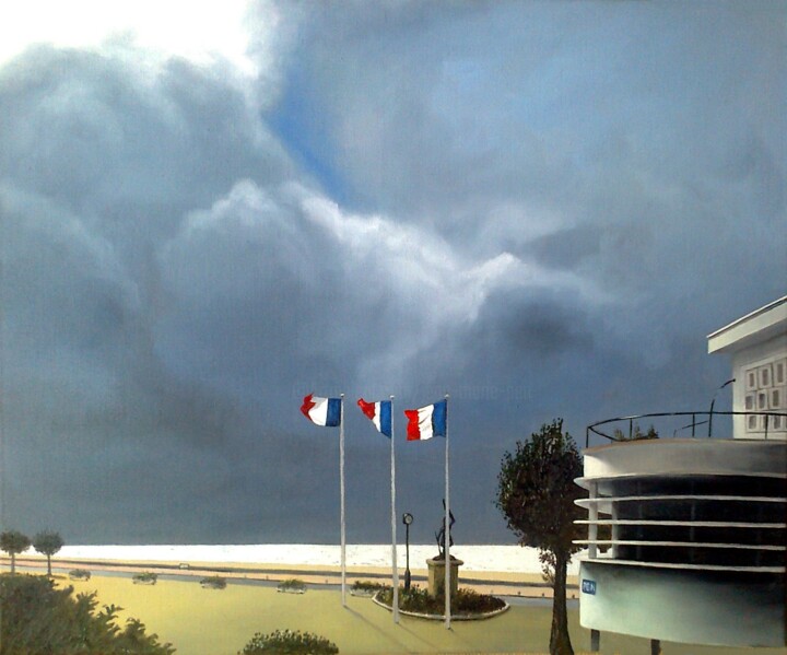 Painting titled "Ciel d'orage à Royan" by Pen, Original Artwork, Oil Mounted on Wood Stretcher frame