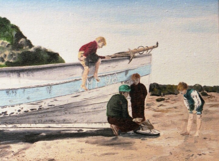 Painting titled "Enfants jouant sur…" by Pen, Original Artwork, Oil Mounted on Wood Stretcher frame