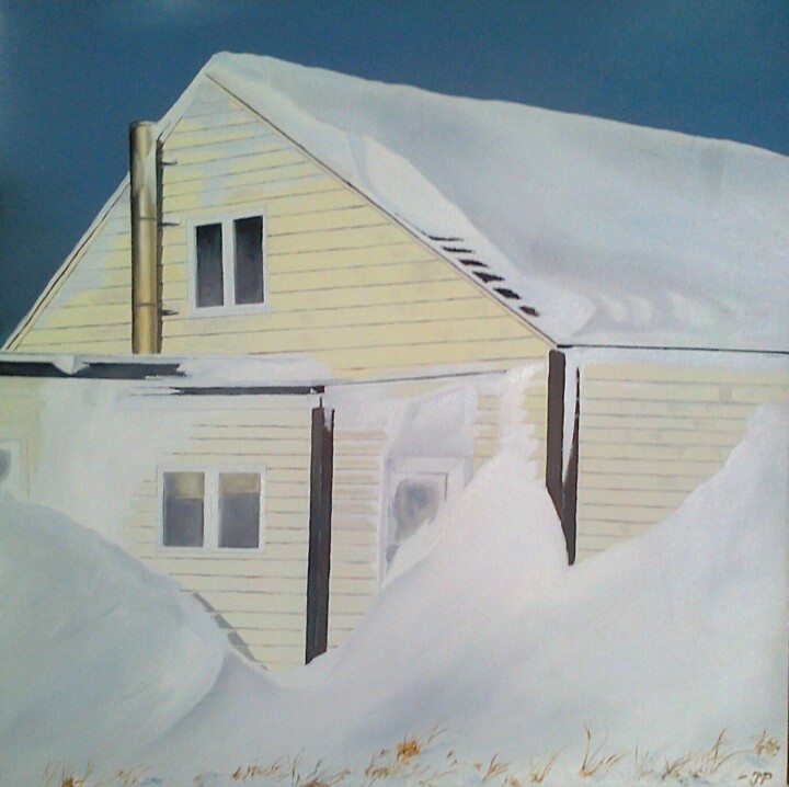 Painting titled "Maison sous la neige" by Pen, Original Artwork, Oil Mounted on Wood Stretcher frame