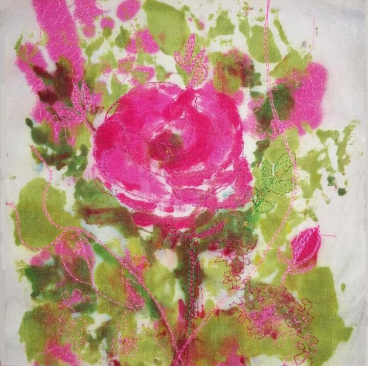 Art textile intitulée "Rose, rose" par Penny G Peckmann, Œuvre d'art originale, Tissu Monté sur Carton