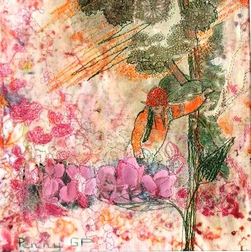 纺织艺术 标题为“Au jardin 3” 由Penny G Peckmann, 原创艺术品, 布