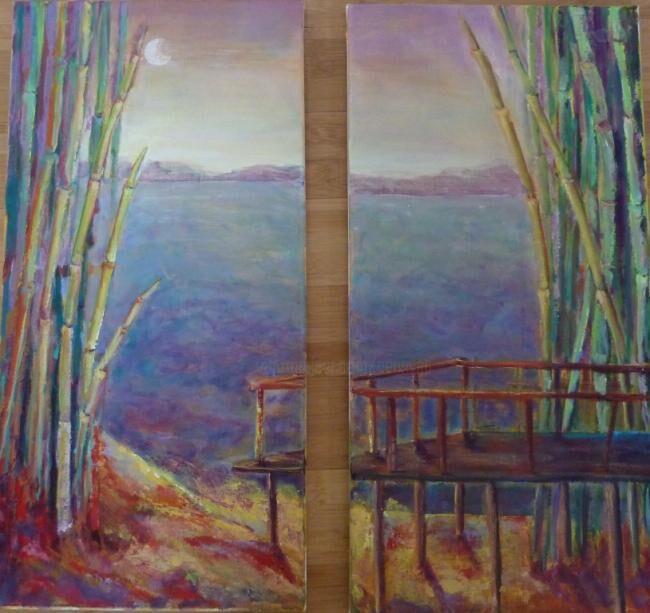 Peinture intitulée "Ponton sur le Mekong" par Penny G Peckmann, Œuvre d'art originale