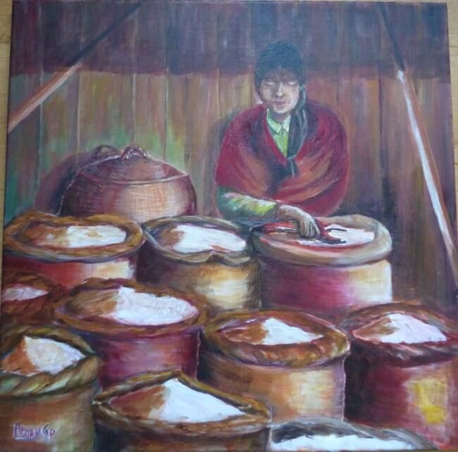 Pintura intitulada "Marché aux riz - LA…" por Penny G Peckmann, Obras de arte originais, Acrílico