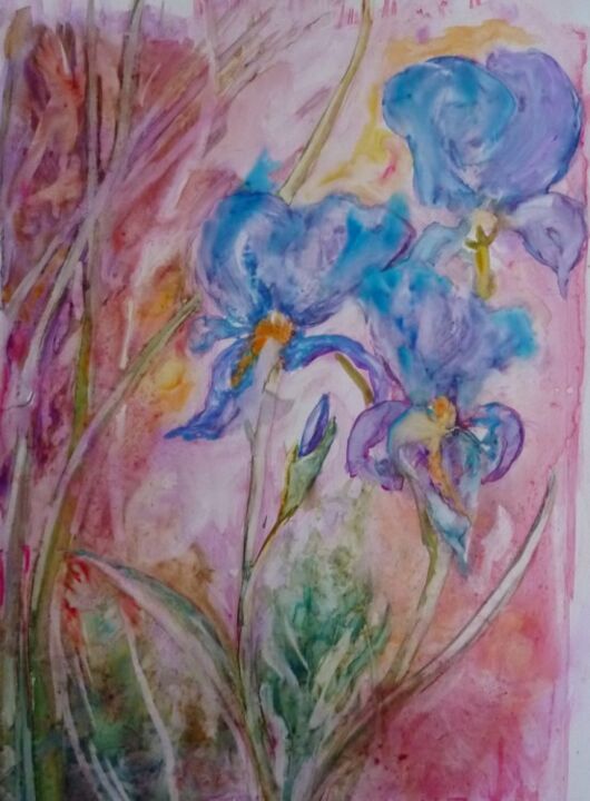 Peinture intitulée "Les 3 Iris" par Penny G Peckmann, Œuvre d'art originale, Aquarelle