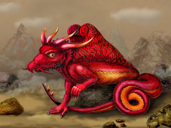 Digital Arts titled "Red Dragon." by Irina Green, Original Artwork, Digital Painting