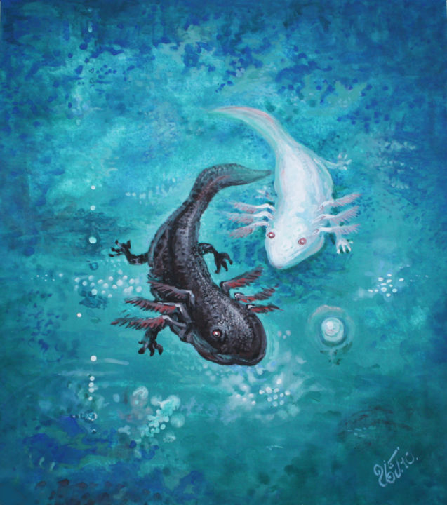 Peinture intitulée "Two axolotls yin-ya…" par Irina Green, Œuvre d'art originale, Tempera