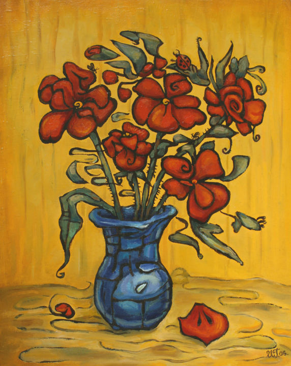 Painting titled "Bouquet on a yellow…" by Irina Green, Original Artwork, Oil Mounted on Wood Stretcher frame