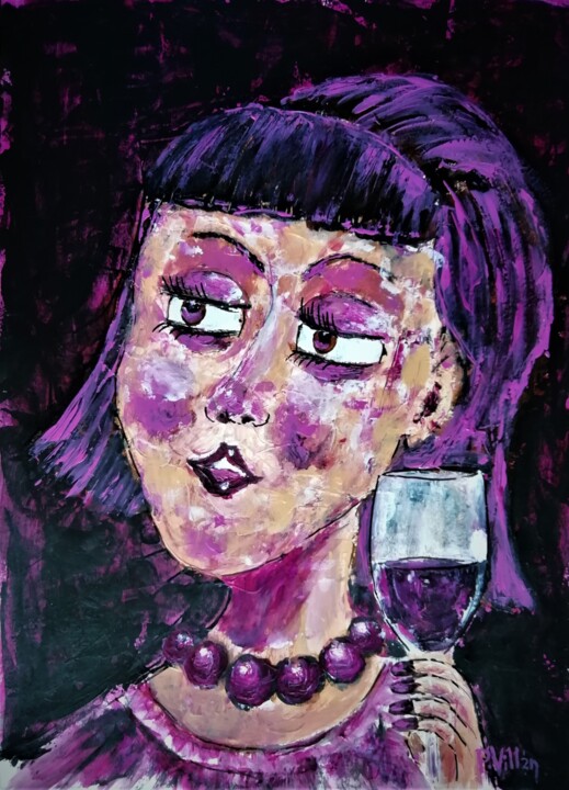 Malerei mit dem Titel "Amélie et le vin" von Pepe Villan, Original-Kunstwerk, Acryl