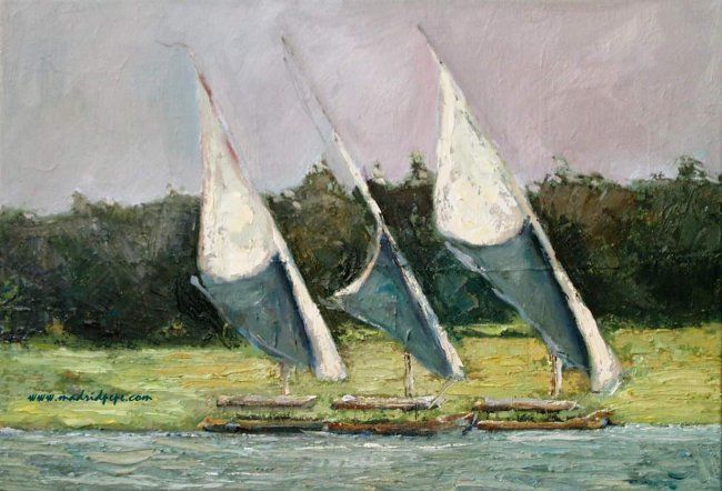 Painting titled "Barcos en el Nilo -" by Pepe Madrid, Original Artwork