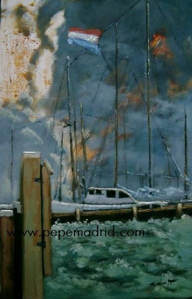 Painting titled "Puerto de Volendam" by Pepe Madrid, Original Artwork