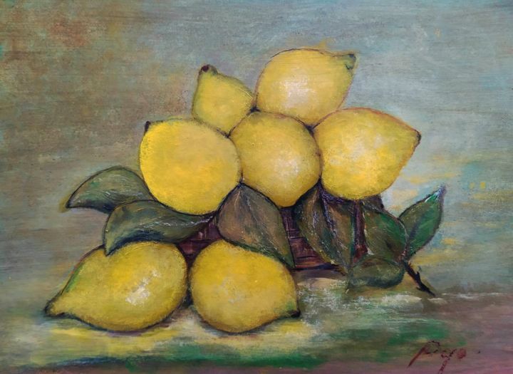 Peinture intitulée "panier citrons" par Pepo-Galerie74, Œuvre d'art originale, Acrylique