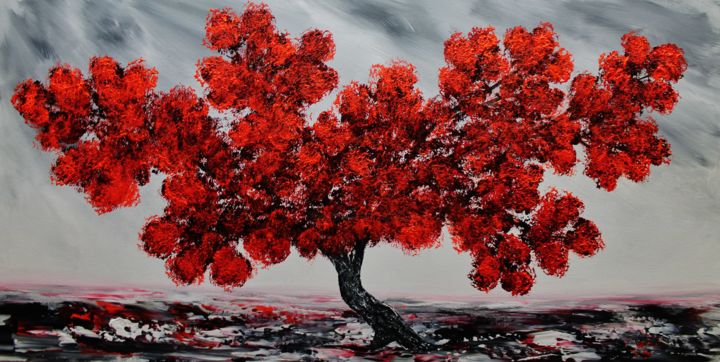 Painting titled "Red Blooming Tree" by Artstage, Original Artwork, Acrylic