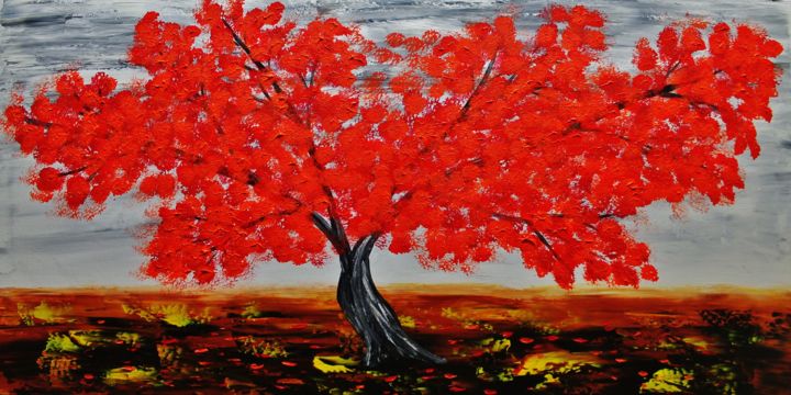 Painting titled "Red Blooming Tree,w…" by Artstage, Original Artwork, Acrylic
