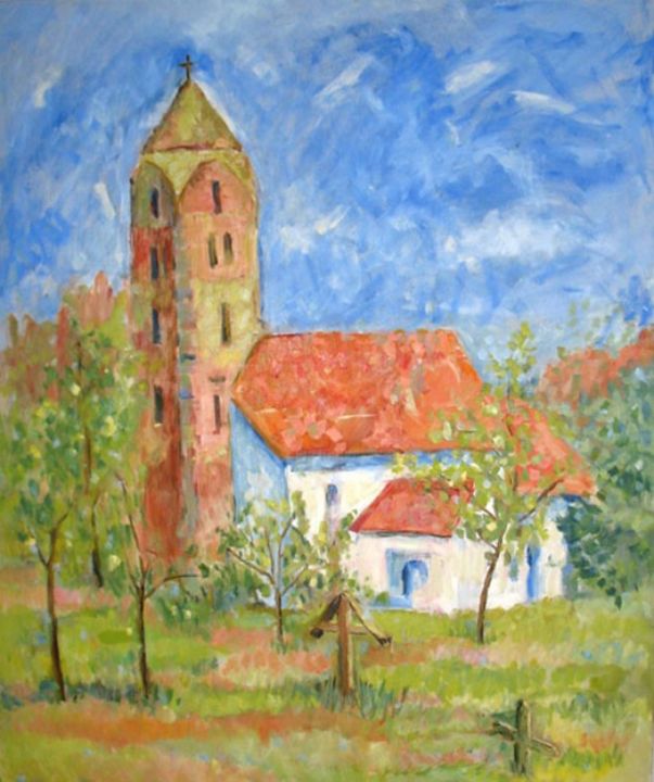 Painting titled "Church  from Strei" by Perianu Corina-Preda, Original Artwork, Oil