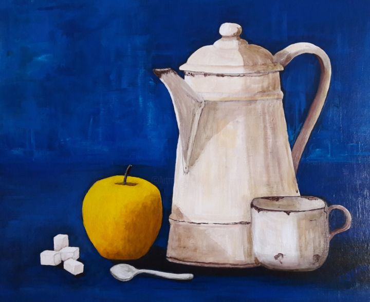 Pintura intitulada "Cafetière sur fond…" por Christian Battini, Obras de arte originais, Óleo