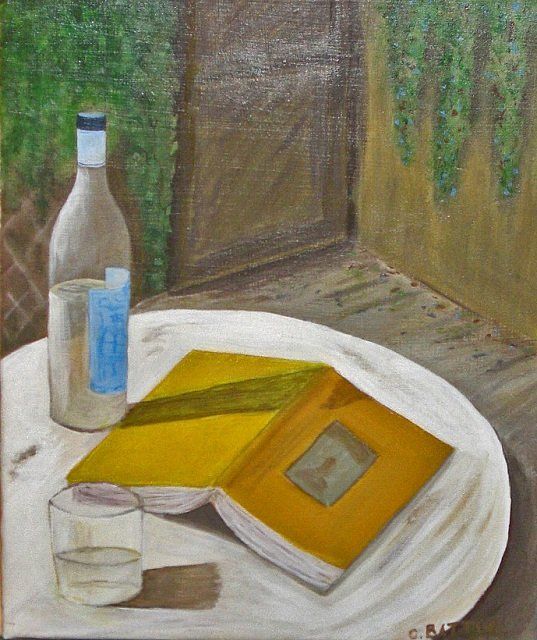 Malerei mit dem Titel "livre jaune sur fon…" von Christian Battini, Original-Kunstwerk, Acryl