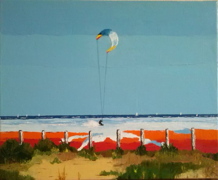 Painting titled "KiteSurf à Port St…" by René Perny, Original Artwork, Oil
