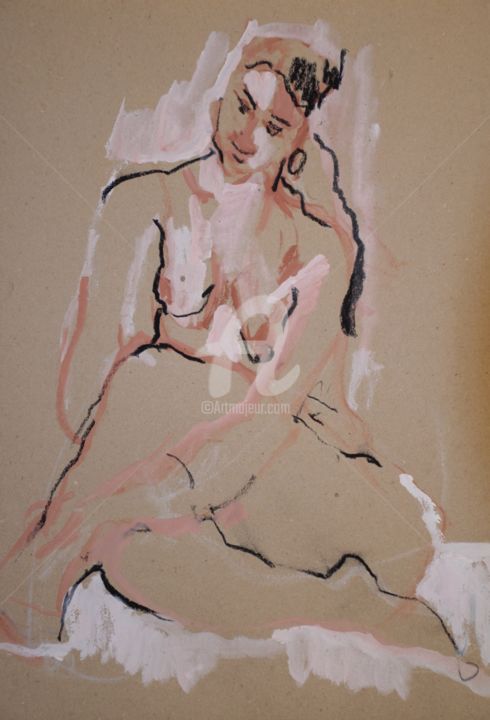 Drawing titled "Nu assis de face" by Isabelle Perronneau (IPerronneau), Original Artwork, Charcoal