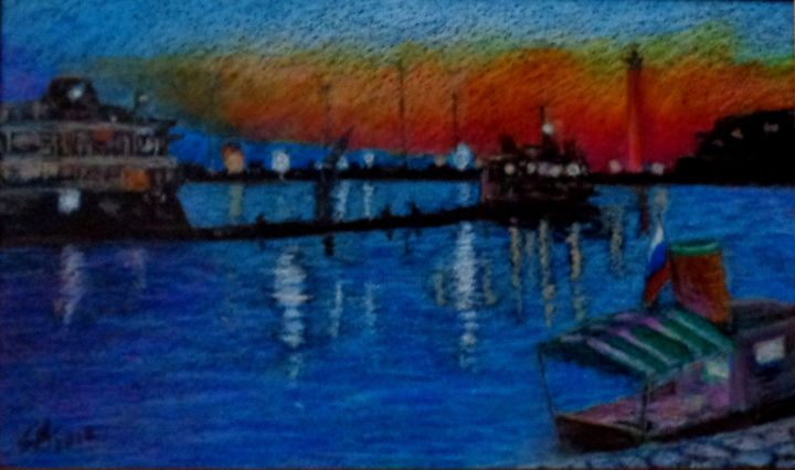 「Закат в порту」というタイトルの絵画 Юрий Персовによって, オリジナルのアートワーク, パステル