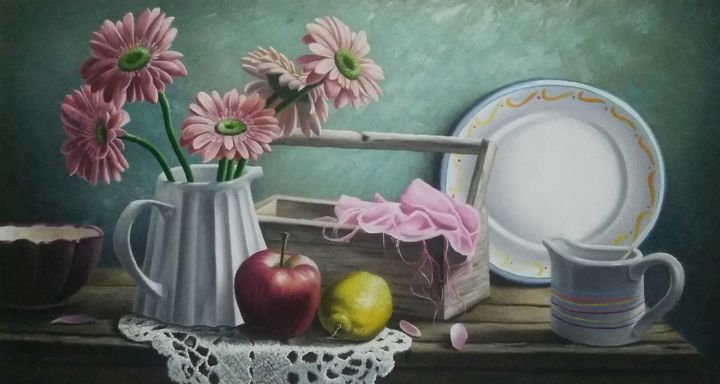 Painting titled "Flores e frutos" by P. Teixeira, Original Artwork, Oil