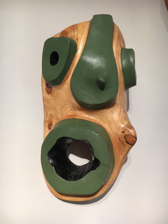 Sculpture titled "Green Shout Mask" by Peter Lattey, Original Artwork, Wood