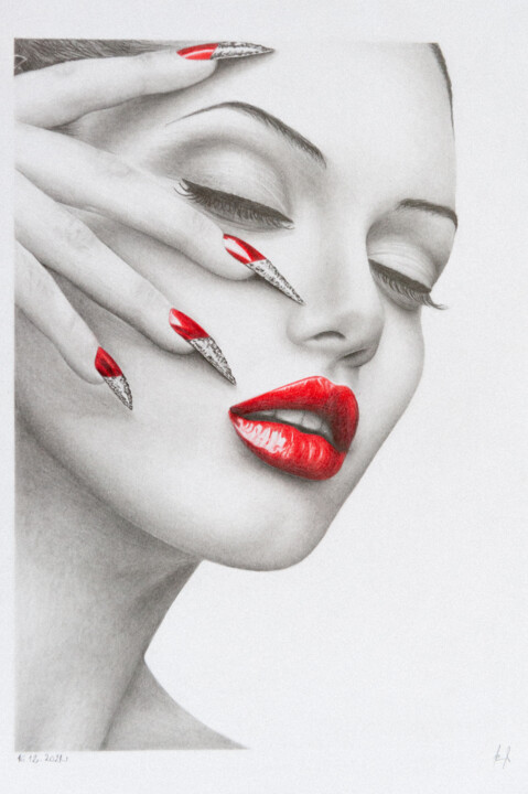 Desenho intitulada "Red Lips" por Peter Bahurinský, Obras de arte originais, Lápis