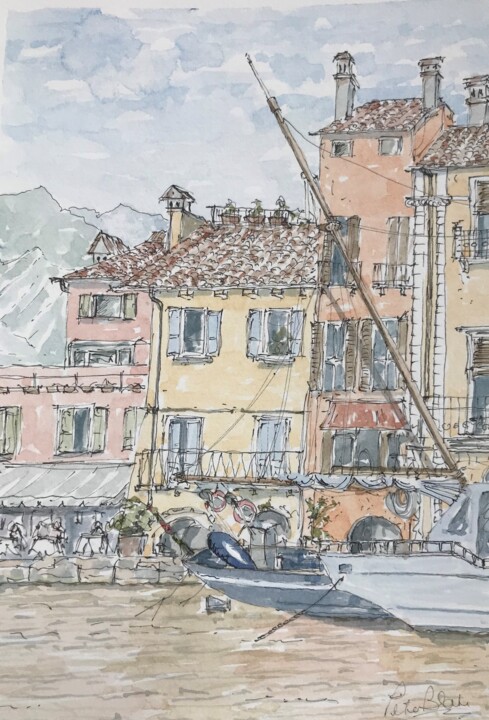 Pintura intitulada "Malcesine harbour" por Peter Blake, Obras de arte originais, Aquarela
