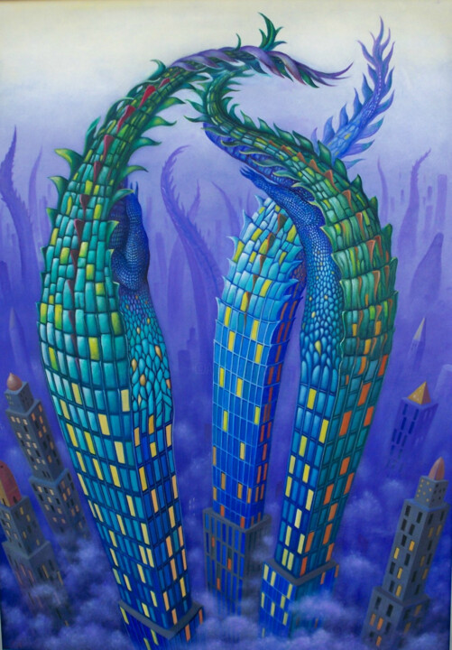 Painting titled "Crocopolis" by Peter Hutter, Original Artwork, Oil