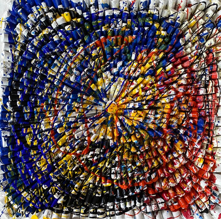 Collagen mit dem Titel "Kreis mit Farben" von Peter Lang, Original-Kunstwerk, Holz Auf Holzplatte montiert