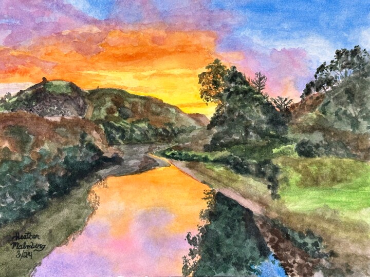 Malerei mit dem Titel "Marin County Lake" von Peter Malmberg, Original-Kunstwerk, Aquarell